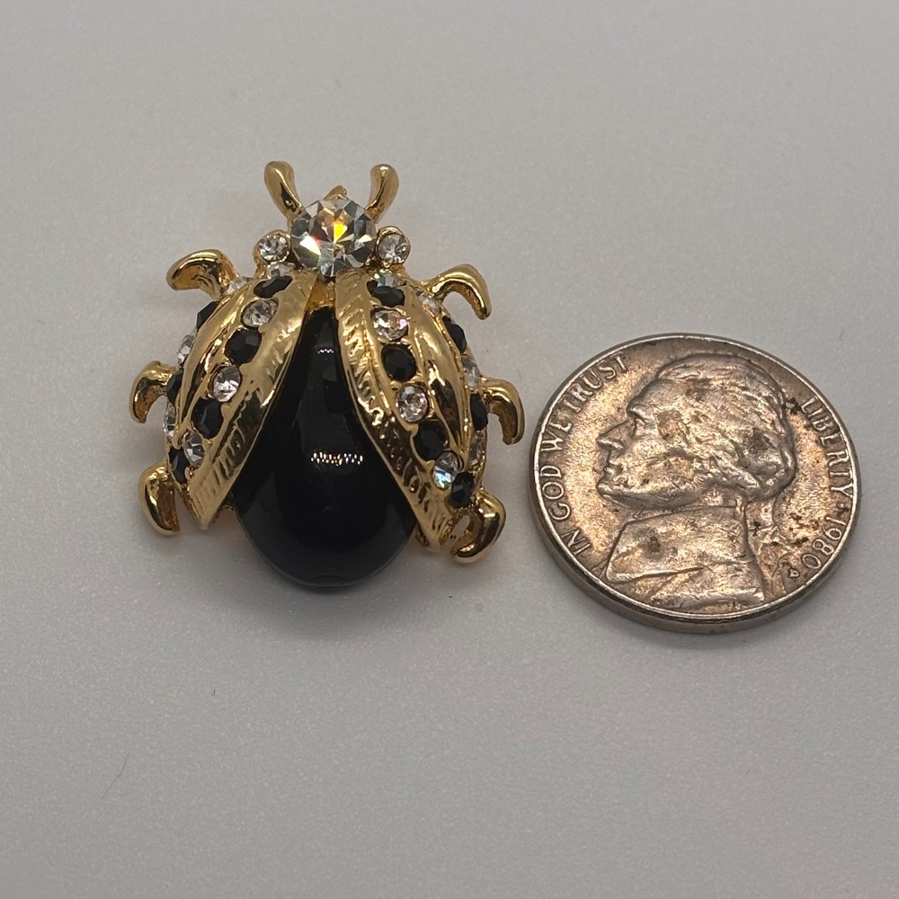 Gold Tone Ladybug Brooch Black Gem Clear Crystal Accent Women Costume Jewelry - Picture 6 of 7